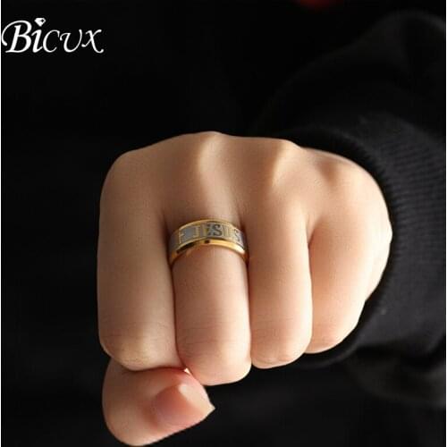 BICUX Stainless Steel Christian Jesus Letter Cross Rings for Women Men Fashion Black Gold Silver Color Big Ring Jewelry Gift