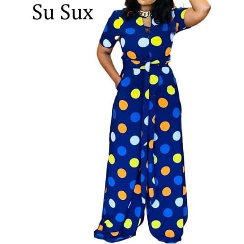 Polka Dot Wide Leg Jumpsuit Women African Clothes Rompers Overalls Short Sleeve Long Pants Jumpsuit Playsuits Vestidos 2021