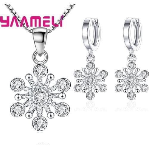 100% Brand New 925 Sterling Silver Jewelry Set Snow Flower Snowflake Design Cubic Zirconia Necklace Earrings for Wedding Party