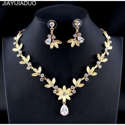 Jiayijiaduo Womens Wedding Jewelry Set Gold Silver Color Refined Leaf Zircon Necklace Earrings Set Accessories Gift 2018 new
