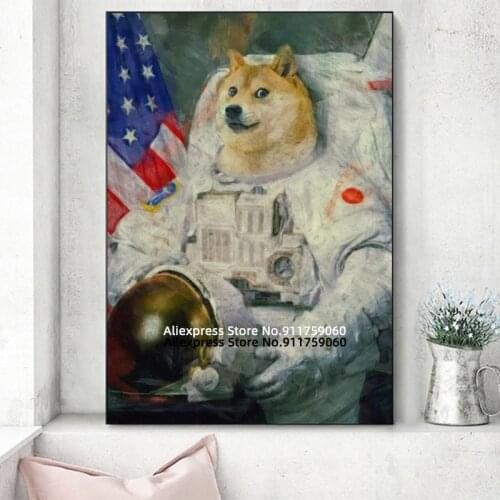 Space Crypto Meme Doge Funny Dogecoin Dog Poster Oil Painting Wall Poster Print Pictures Painting on Canvas for Home Decor