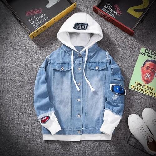 Men Denim Jacket Streetwear Hip Hop Mens Hooded Jean Jackets Male Casual Loose Outerwear 2020 Autumn Fashion Slim Fit Coat