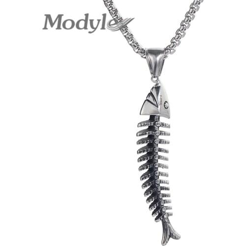 Modyle Stainless Steel Fish Shape Fishbone Pendant Necklace Hip Hop Gothic Style Male Pendant Necklace Punk Boho Jewelry Gifts
