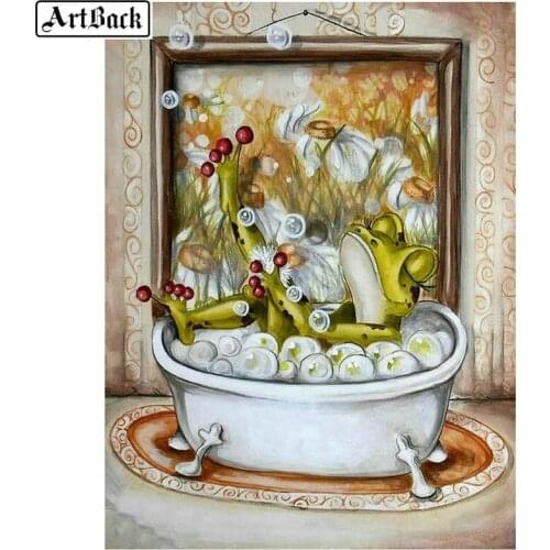 Cartoon 5d diamond painting frog bathtub full square drill diamond embroidery 3d round rhinestone diamond mosaic wall sticker