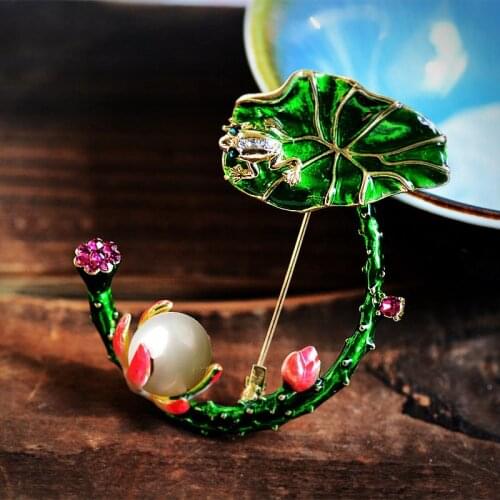 Muylinda Rhinestone Enamel Brooch Pin Lotus Flower Pearls Brooch and Pins Banquet Jewelry For Women
