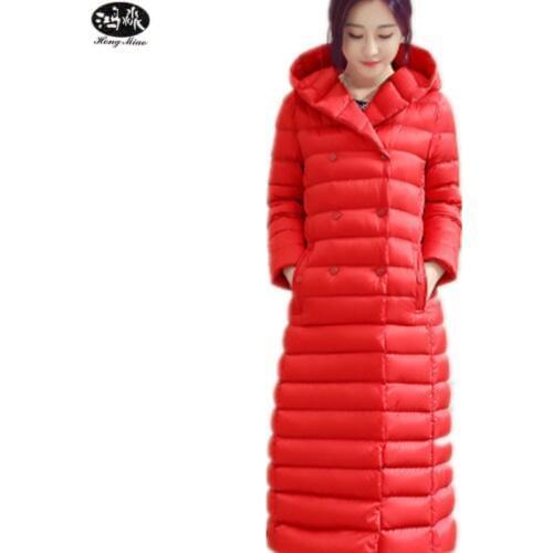 HongMiao 2018 New Fashion White Goose Down Jacket Long Warm Jackets Women Over Knee Length Coat With Belt Hooded Parkas