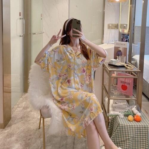 2021 New European and American Nightdress Womens Summer Fashion Thin Casual Summer Cute Sweet Cotton Short-sleeved Home Service