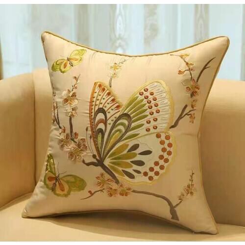 Fine Embroidery Butterfly Birds Flower Satin Cushion Pillow Cover Office Home Sofa Chair Decorative Chinese Lumbar Pillowcase