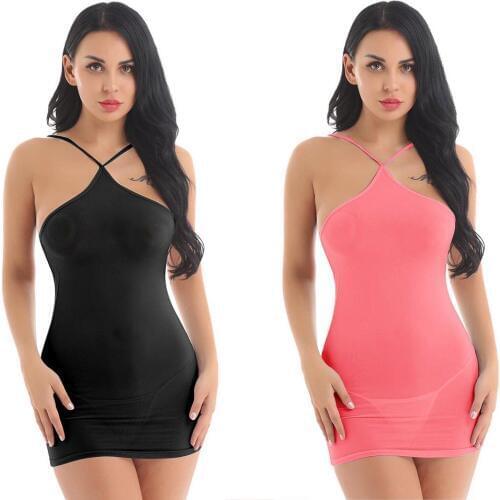 Sexy Women Sheer See Through Bodycon Mini Derss Night Club Spaghetti Straps and Backless Short Dress with G-string