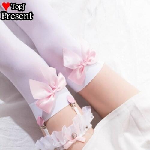 Sexy Lace Stockings Womens Thigh High Silk Stockings Medias De Mujer Female Erotic White bow Long Stocking with leg ring