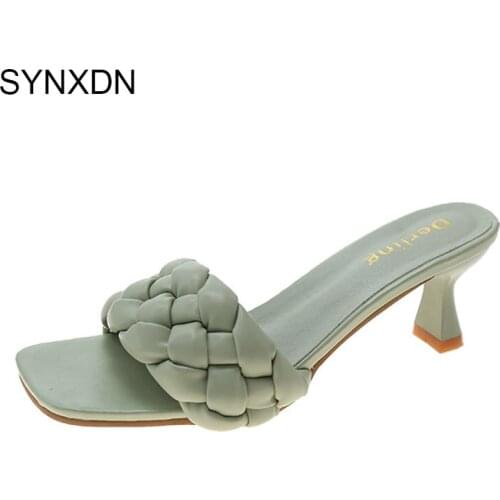 2021 New Summer Women Slippers High Heel Pump Outside Weave Leather PU Female Sandals Office Lady Slides Flip Flops Plus Size 40