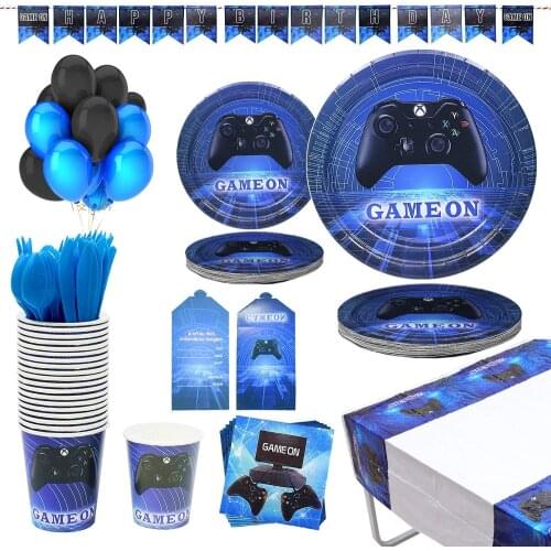 Video Game Party Supplies Birthday Favors Gamer Tableware Paper Plates Cups Napkins Banner Dinnerware Boy Cutlery Decoration