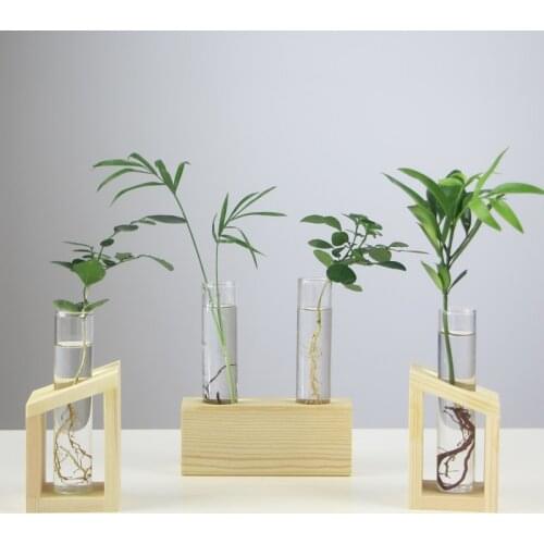 Home Vase Crystal Glass Test Tube Vase In Wooden Stand Flower Pots for Hydroponic Plants Home Living Room Terraium Decoration