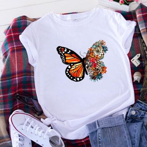 Butterfly Flowers T Shirt Women Short Sleeve Tshirts Cotton Women O-neck Loose Tee Shirt Femme Black White Camisetas Mujer Tops