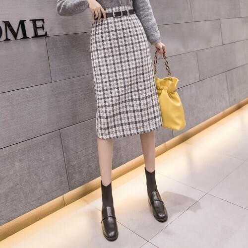 Autumn Winter Vintage Plaid Belted Tweed Skirt Women Midi Long Thick Wool High Waist A-Line Business Work Outfits