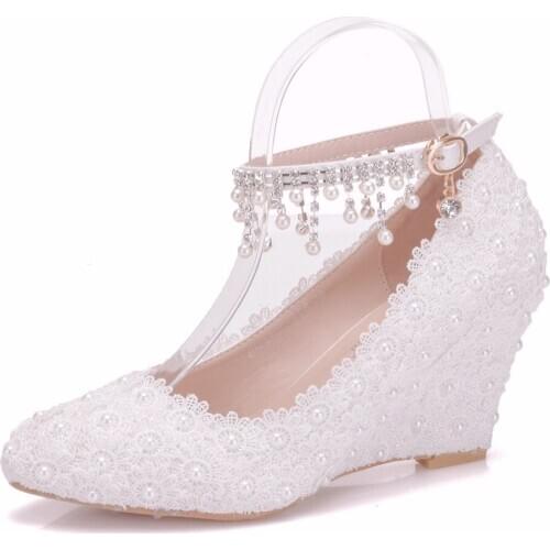 Pearl lace fashion sexy slim high heels womens shoes slope heel high heels casual shallow buckle pointed shoes
