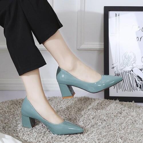 2021 New Korean Wild Thick with High Heels Shallow Mouth Pointed Work Single Shoes Classic Simple Large Size Womens Shoes