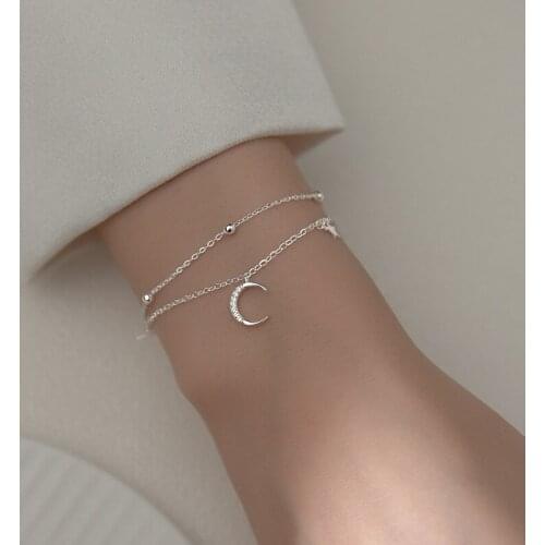 100% real. 925 Sterling silver Fine Jewelry CZ 4A+ Set Multi-layers Double Rows Moon Star &Beads Chain Bracelet C-S4408