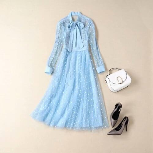 1020 2020 Free Shipping Autumn Dress Long Sleeve Mesh Blue Crew New Fashion Dress Womens Clothes As