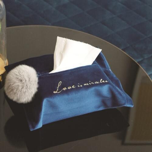 Nordic INS Velvet Tissue Box with Plush Ball Embroidered Tissue Box for Household and Car Navy Blue Green Pink Tissue Storage