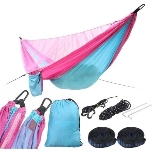 Pink Blue Double Camping Hammock With Mosquito Net Outdoor High Strength Fabric Hanging Bed Sleeping Swing