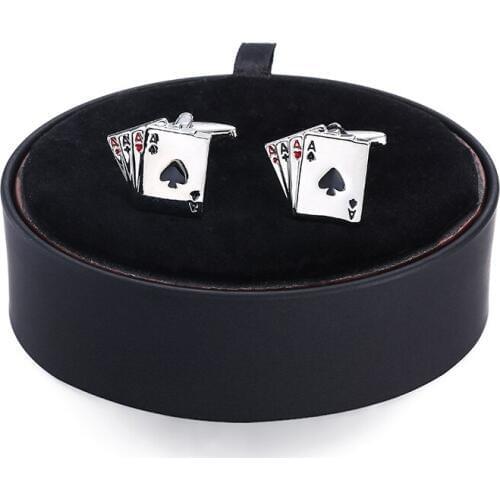 DY new high quality brass silvery four A poker Cufflinks black leather box set men French Cufflinks Gift Set FREE SHIPPING