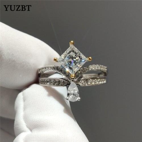 YUZBT Women 925 Silver 1 ct Brilliant Cut Square Gemstone Ring Diamond Test Past D Color Moissanite Cute Water Drop Crown Ring