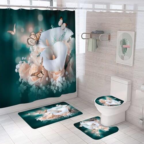 Fashion 3D Print Flower Butterfly Shower Curtain Set Color Bathroom Waterproof Bath Curtain Washable Curtains With Hooks