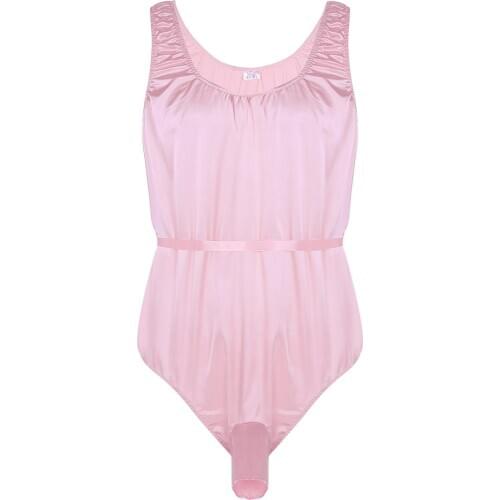 Men Sexy One-Piece Shiny Satin Sissy Lingerie Bodysuit 2021 Sleeveless Open Sheath Solid Color Nightwear Gay Exotic Sleepwear