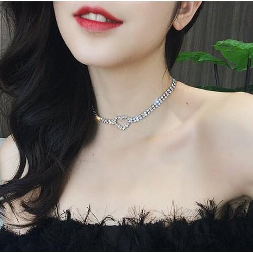 Women Fashion Double Row Crystal Heart Hollow Necklace for Women Trendy Party Necklace Jewelry Accessories