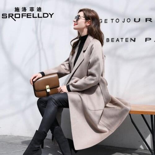 Water ripple double-sided cashmere-free coat womens slim mid-length 2021 autumn and winter new woolen coat