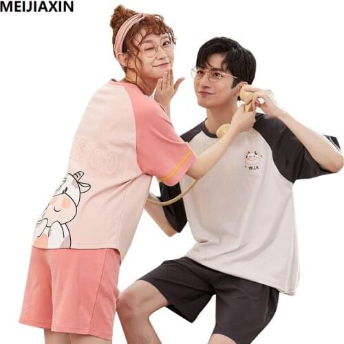 Couple Pajamas Set Cute Cartoon 100% Cotton Short Sleeve Sleepwear Men And Women Pyjamas Home Clothing