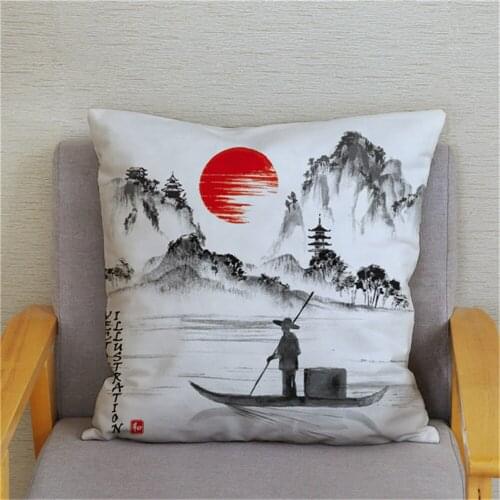 Custom Pillowcase Classical Ink Scenic 3D Printed Polyester Pillowcase Cartoon Plush Throw Pillow Cover Living Room Sofa Office
