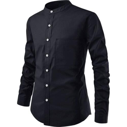 Stand Collar Slim Fit Long Sleeve Shirt with Large Pockets Casual Solid Color Comfortable Shirts for Men Camisas Para Hombre