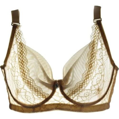 Transparent Bra Women Ultra-thin Push Up 90C Brallete Mesh Lace Sexy Lingerie BreathableUnderwear Underwire Plus Size Pink Bra