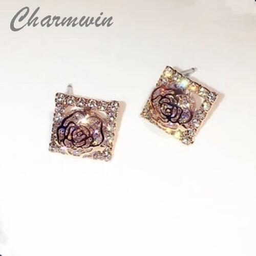 Charmwin Luxury Exquisite Crystal Earrings Fashion Twinkle Zircon Stud Earring Jewelry Women PE1194