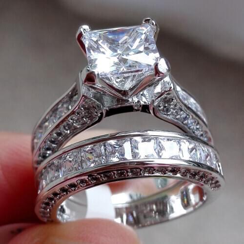 Luxury Princess cut 20ct Diamond Cz Ring sets 925 silver Engagement Wedding Band Rings for women men Jewelry
