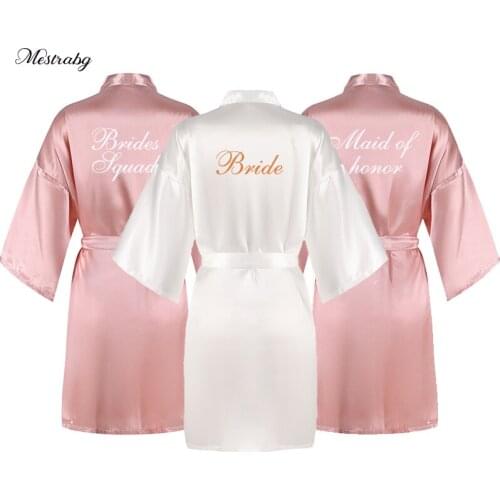 Rose gold pink bride robe white writing women party short Classic Design Womens Kimono satin lingerie bridesmaid night robes