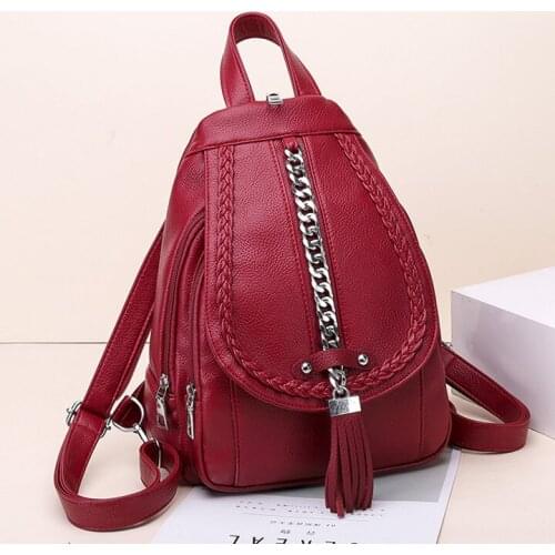 Women Backpack Soft PU Leather Multifunctional Female Shoulder Bag Girl Chest Bag Travel Backpack Chain Tassel Design