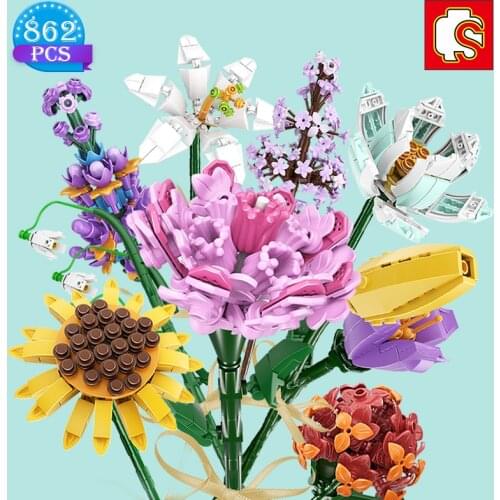 SEMBO Ideas Flowers Bouquet Building Blocks Moc Garden Decoration Assembly Diy Set Bricks Toys for Girls Education Moc Gifts