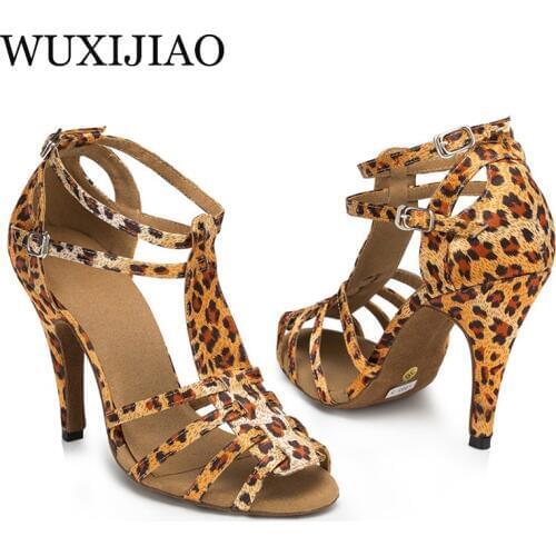 WUXIJIAO womens latin dance shoes Size US 4-12 Black and Leopred Satin Comfortable Dance Shoes Latin For Women Heel Height