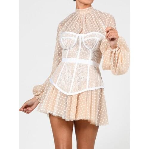 Women Two Pieces Set French Polka Dot Print Casual Slim Stand Collar Summer 2021 Mini Dress and Girdle Sexy Club Outfit F360