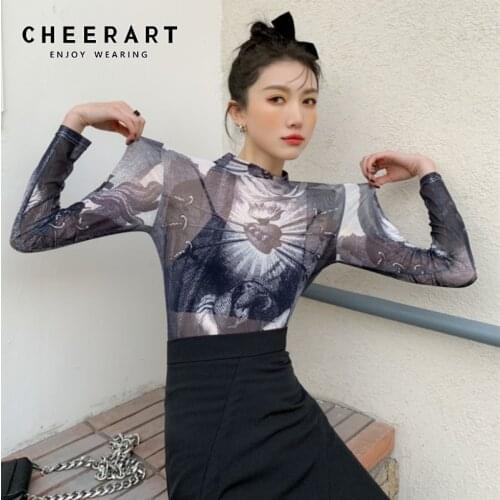 CHEERART Goth Mesh Top Women 2021 Trend Fashion Graphic T Shirts Long Sleeve Turtleneck See Through Tshirts European Clothing