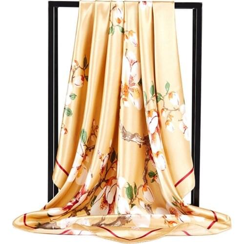 Square Silk Scarf Women Luxury Brand Flowers Foulard Shawl Scarfs Big Size 90*90cm Bandana Hijab Head Satin Silk Scarves