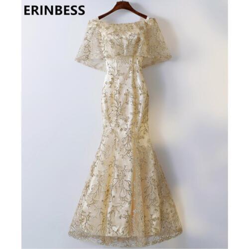 Vestido De Festa Sexy Gold Beaded Champagne Robe De Soiree Scoop Neck Short Sleeve See Through Mermaid Evening Dresses
