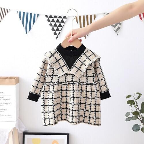 Winter Little Girls Outfits Fashion Korean Plaid Princess Dress Autumn Warm Knit Sweater Costume Vestidos Baby Kids Clothes