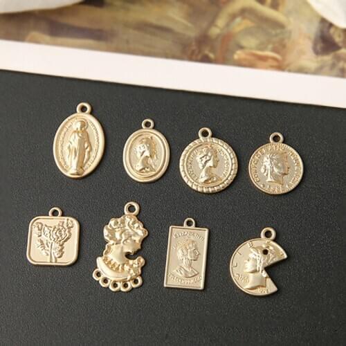 5pcs Vintage Matte Gold Geometric Portrait Earring Alloy Charms Diy Coin Maria Bracelet Necklace Pendant Jewelry Findings Make
