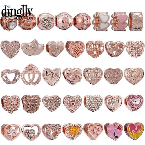 Dinglly Rose Gold Heart-shaped MOM Beaded Animal Footprint Charm Fit Bracelets Rhinestone Heart Star Beads Bangles Accessories