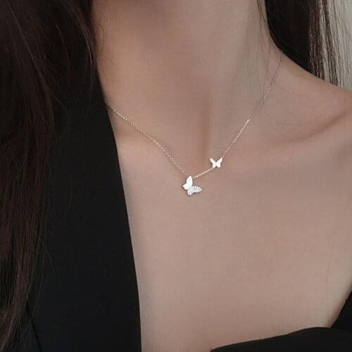 Big Small Two Butterfly Cubic Zirconia 925 Sterling Silver Clavicle Chain Necklace For Women Ladies Korean Dainty Jewelry