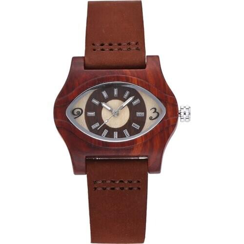 Creative Eye Shape Women Ladies Watch Simple Wood Leather Band Quartz Wrist Watch horloges relojes mujer montres for gift